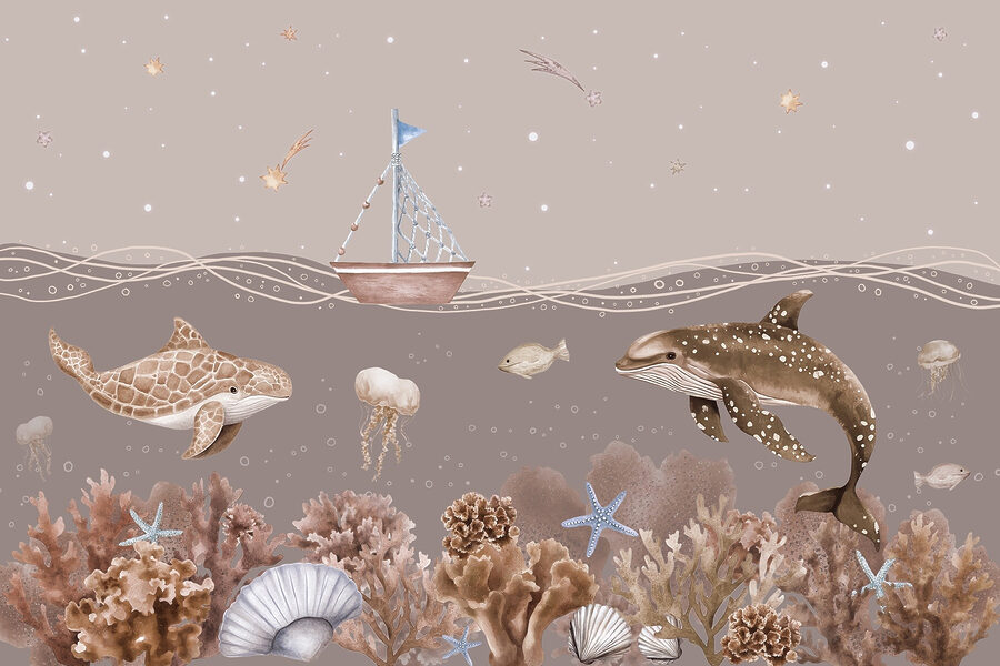 Vida marinha com um barco e peixes