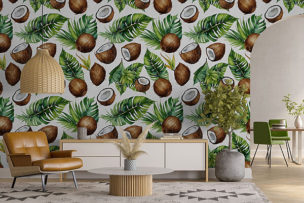 Papel de parede Papel de parede Padrão de cocos e folhas (REF: w02293)