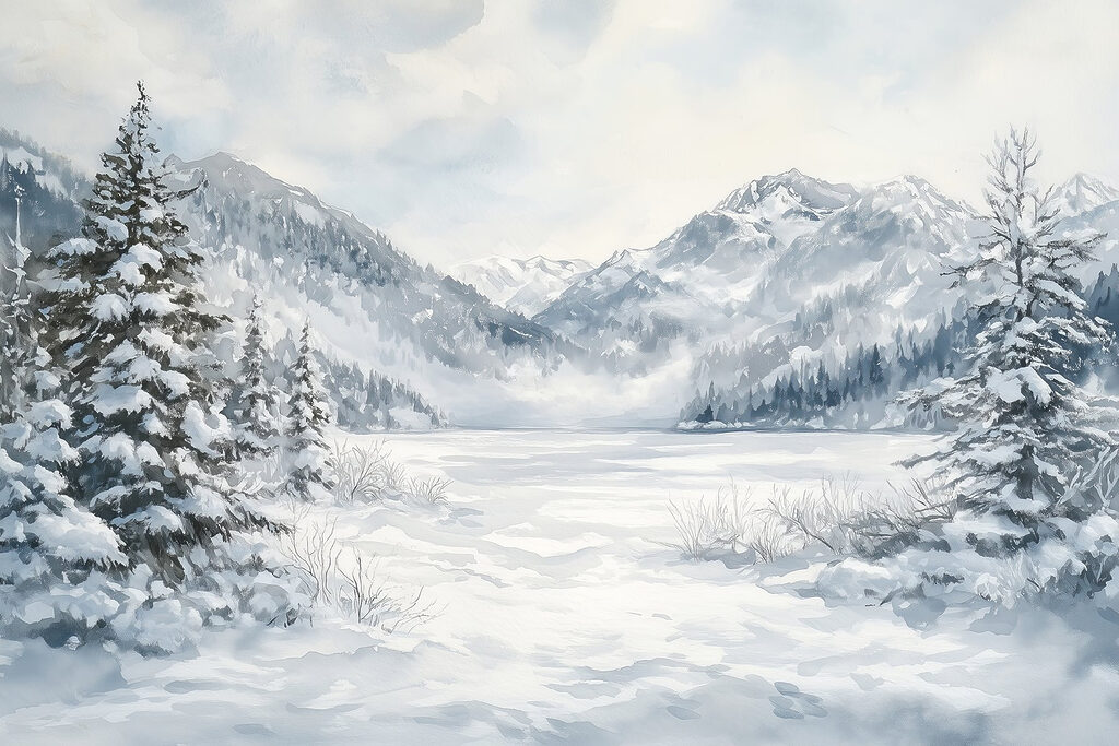 Paisagem de neve com árvores e montanhas Paisagem de neve com árvores e montanhas