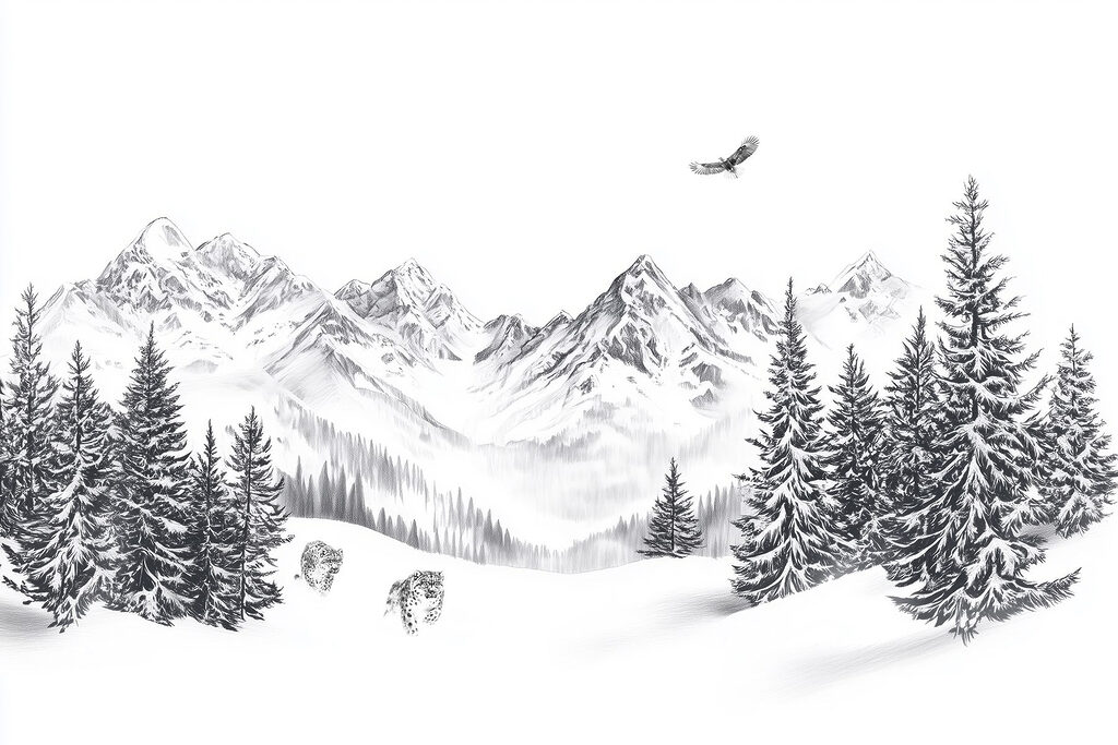 Paisagem de montanha nevada com árvores e um pássaro a voar sobre ela Paisagem de montanha nevada com árvores e um pássaro a voar sobre ela