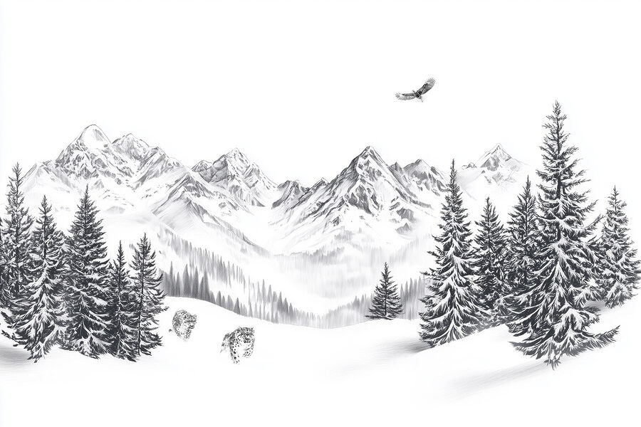 Paisagem de montanha nevada com árvores e um pássaro a voar sobre ela Paisagem de montanha nevada com árvores e um pássaro a voar sobre ela