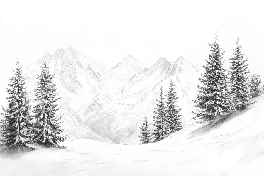 Desenho de uma cadeia de montanhas nevadas