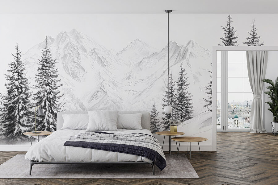 Desenho de uma cadeia de montanhas nevadas