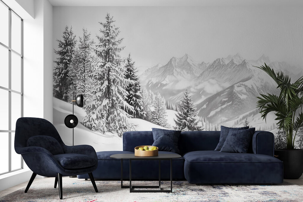 Snowy mountain with trees and mountains in the background Snowy mountain with trees and mountains in the background