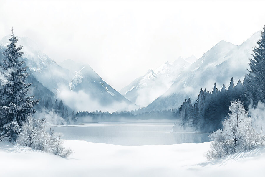 Lago rodeado de neve e montanhas Lago rodeado de neve e montanhas