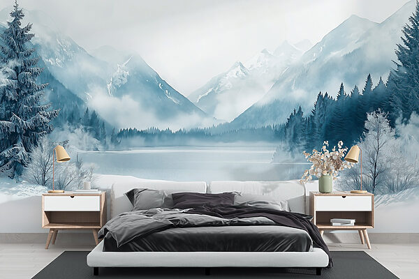 Lago rodeado de neve e montanhas Lago rodeado de neve e montanhas