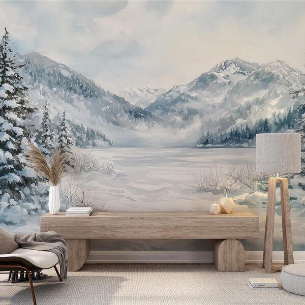 Paisagem de neve com árvores e montanhas Paisagem de neve com árvores e montanhas