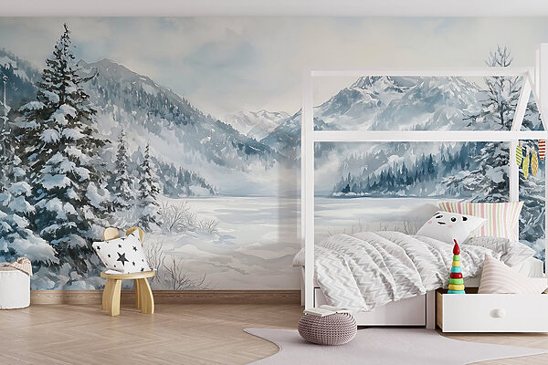 Paisagem de neve com árvores e montanhas Paisagem de neve com árvores e montanhas