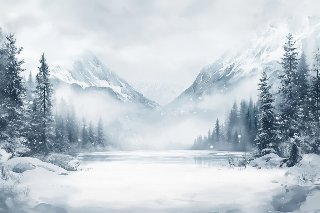 Paisagem de neve com um lago e montanhas Paisagem de neve com um lago e montanhas
