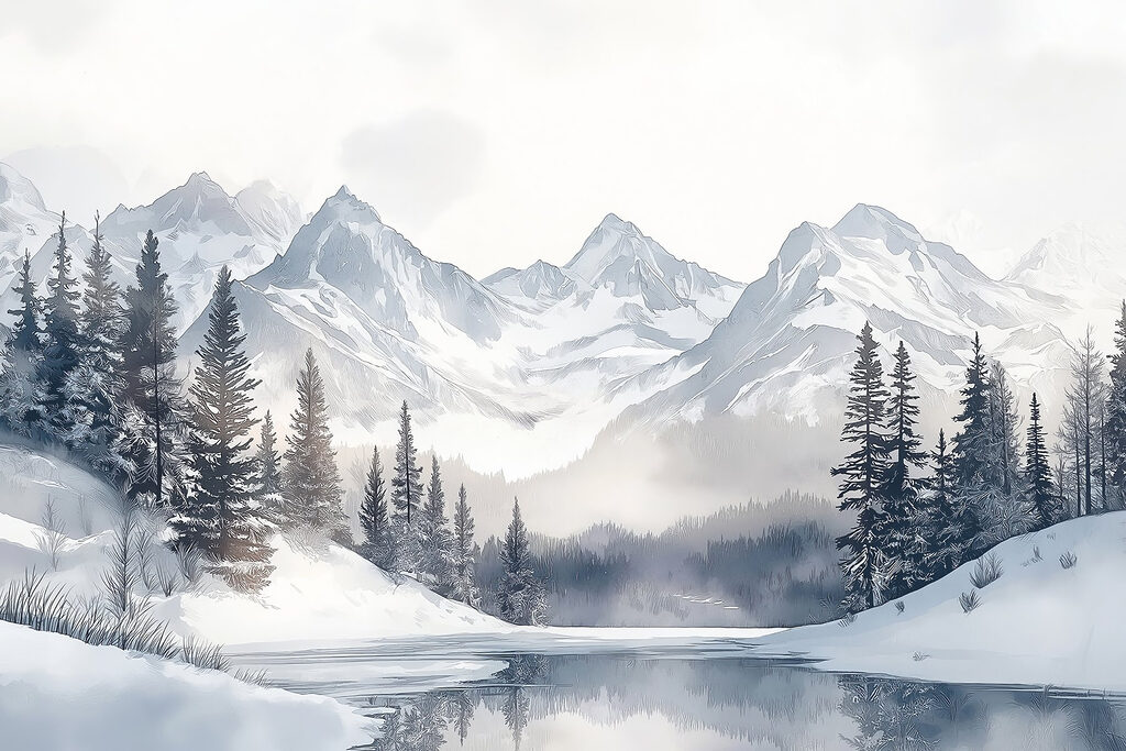 Lago rodeado de neve e montanhas Lago rodeado de neve e montanhas