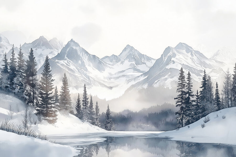 Lago rodeado de neve e montanhas Lago rodeado de neve e montanhas