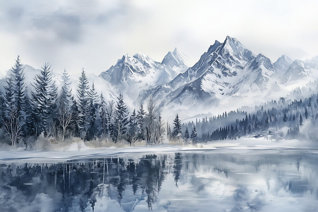 Lago com montanhas cobertas de neve e árvores Lago com montanhas cobertas de neve e árvores
