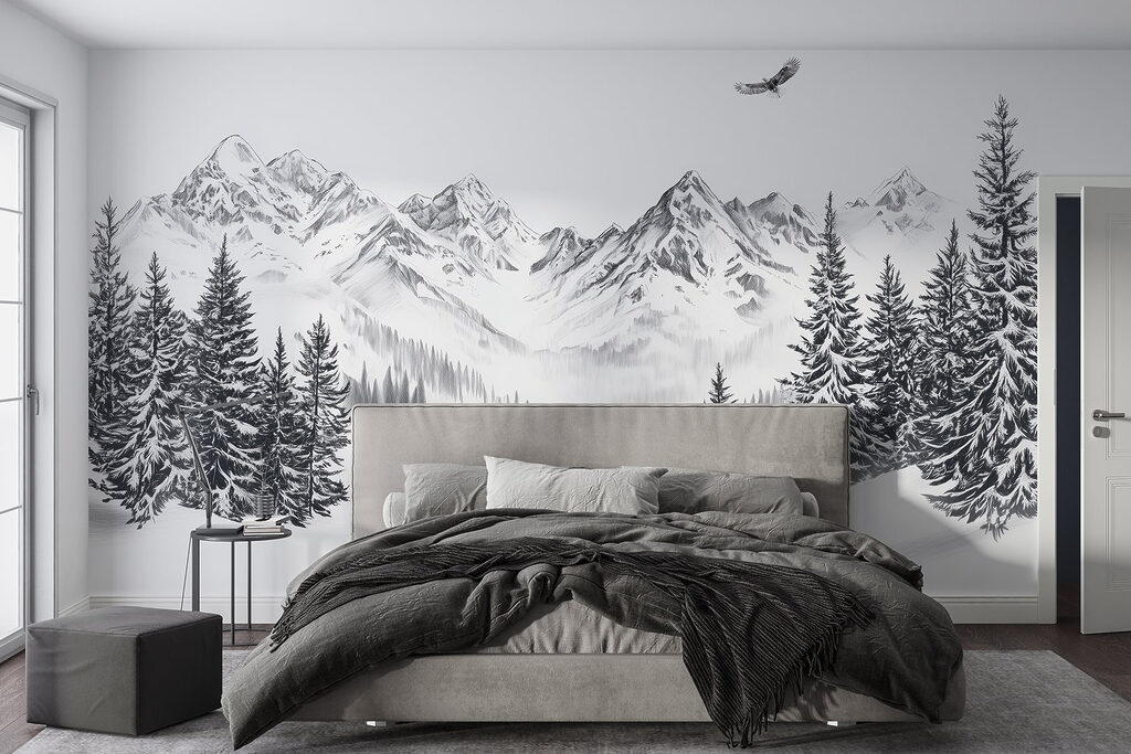 Snowy mountain landscape with trees and a bird flying over it Snowy mountain landscape with trees and a bird flying over it