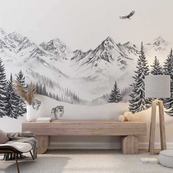 Paisagem de montanha nevada com árvores e um pássaro a voar sobre ela Paisagem de montanha nevada com árvores e um pássaro a voar sobre ela