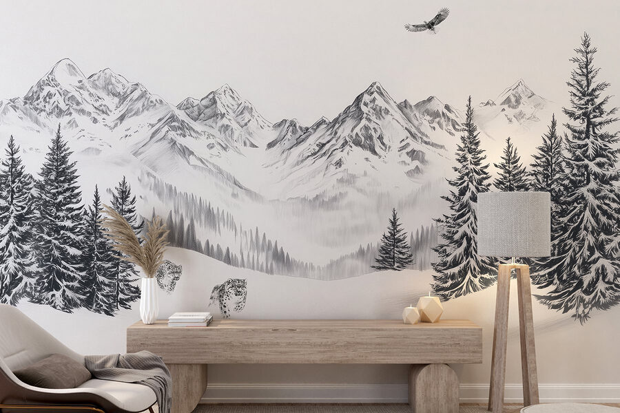 Paisagem de montanha nevada com árvores e um pássaro a voar sobre ela Paisagem de montanha nevada com árvores e um pássaro a voar sobre ela