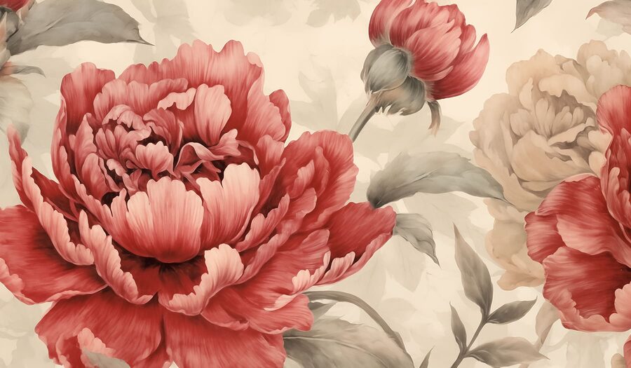 Flores exuberantes em tons suaves.