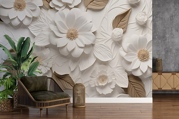 Flores e folhas brancas e castanhas Flores e folhas brancas e castanhas