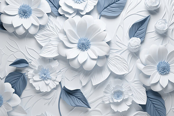Flores e folhas brancas e azuis Flores e folhas brancas e azuis