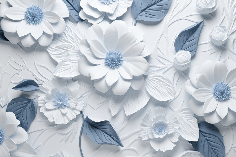 Flores e folhas brancas e azuis
