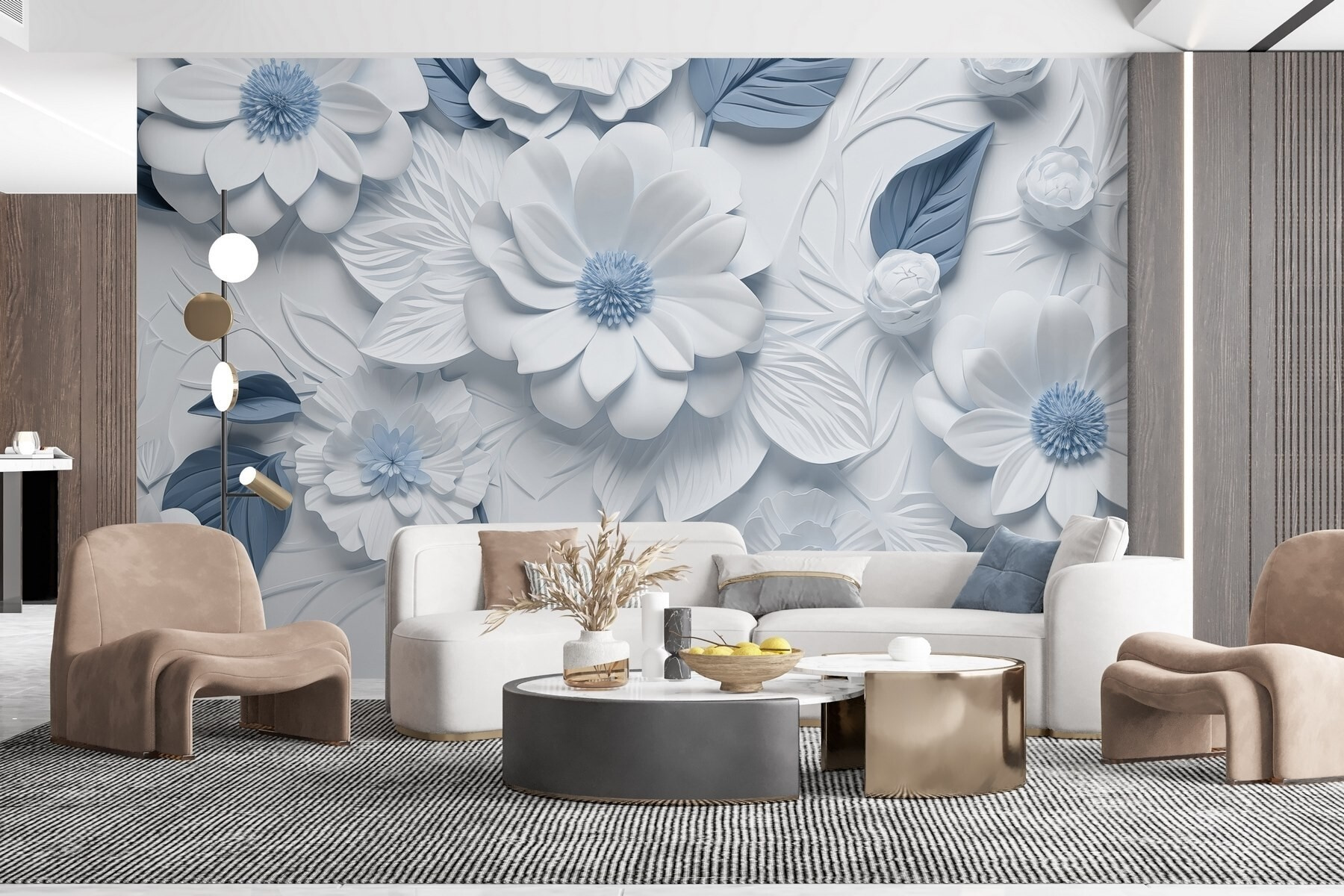 White and blue flowers and leaves