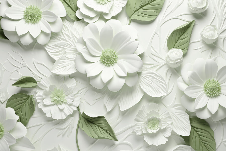 Flores e folhas brancas e verdes