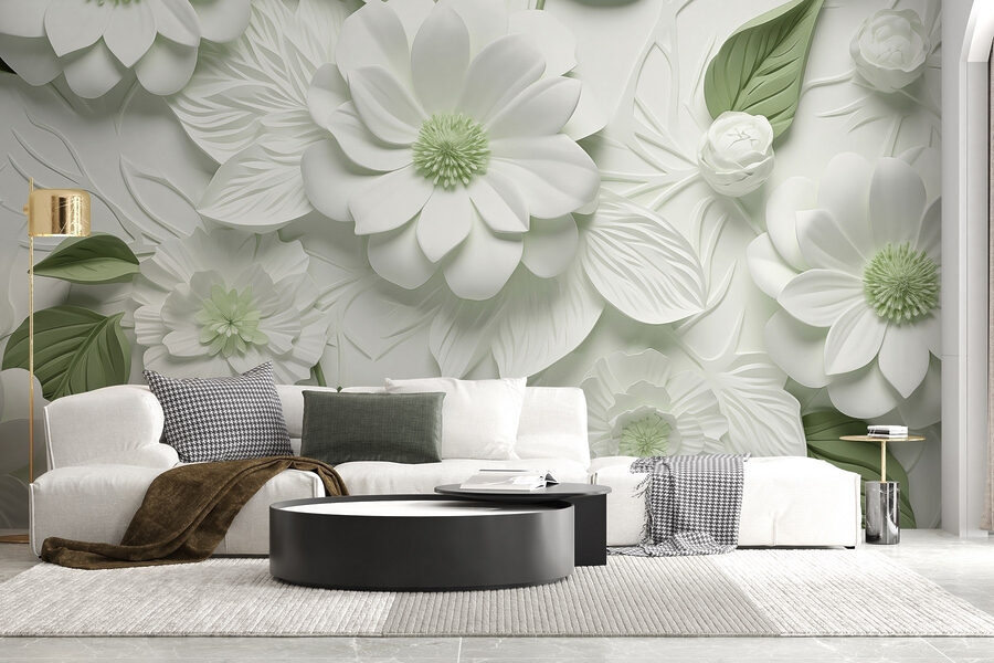 Flores e folhas brancas e verdes