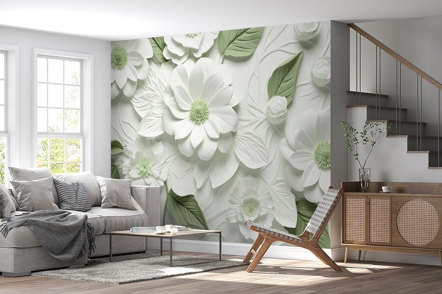 Flores e folhas brancas e verdes