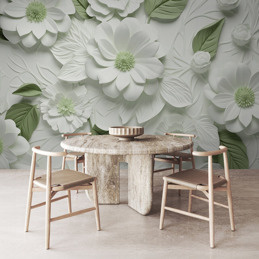 Flores e folhas brancas e verdes