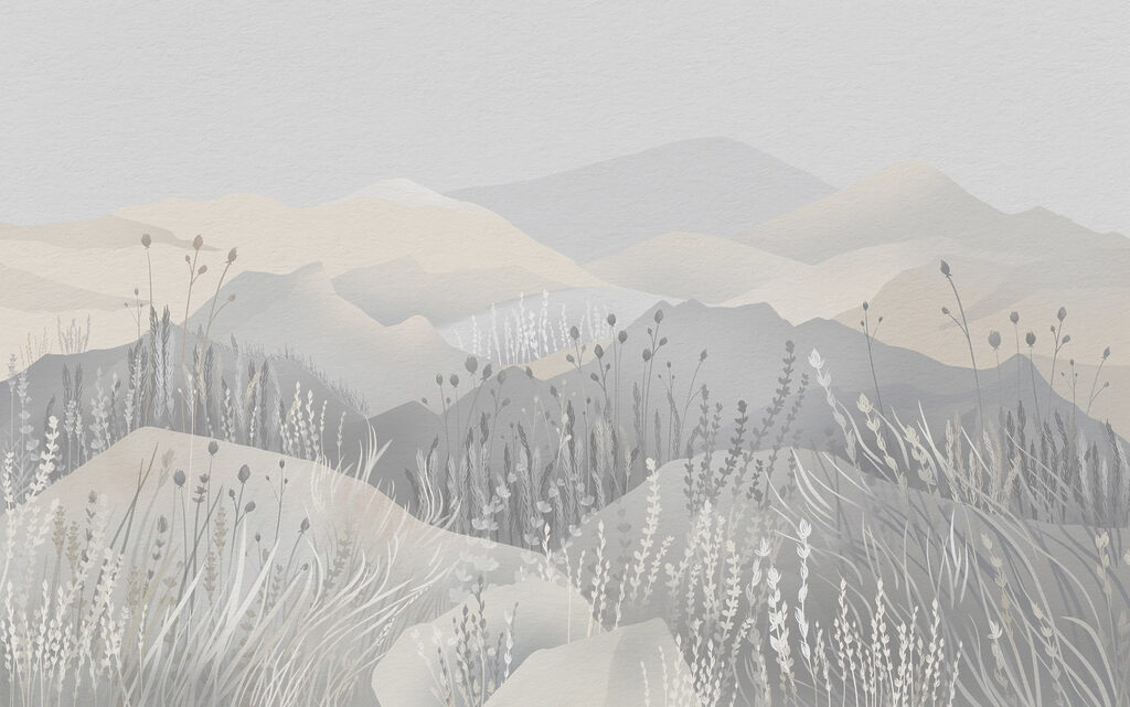Pintura de uma paisagem com montanhas e relva Pintura de uma paisagem com montanhas e relva