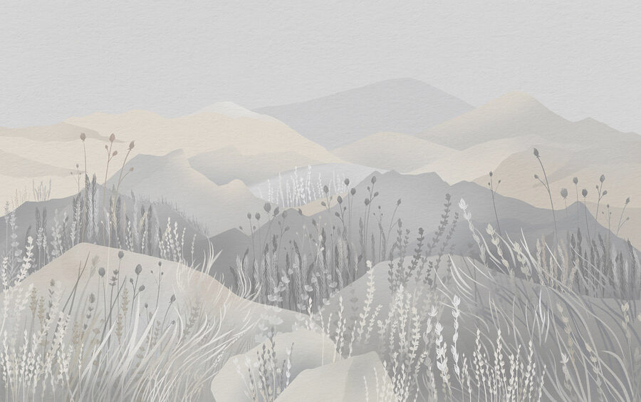 Pintura de uma paisagem com montanhas e relva