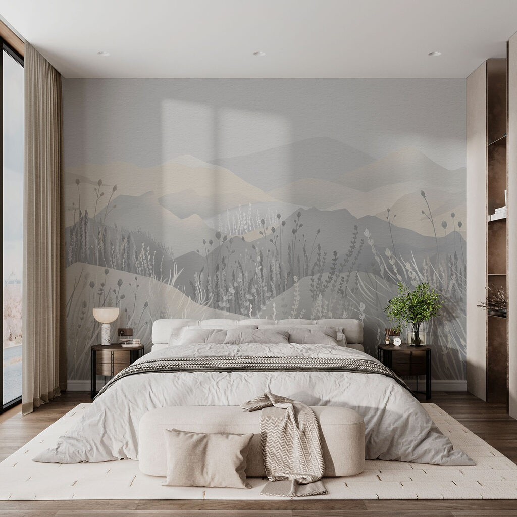 Painting of a landscape with mountains and grass Painting of a landscape with mountains and grass
