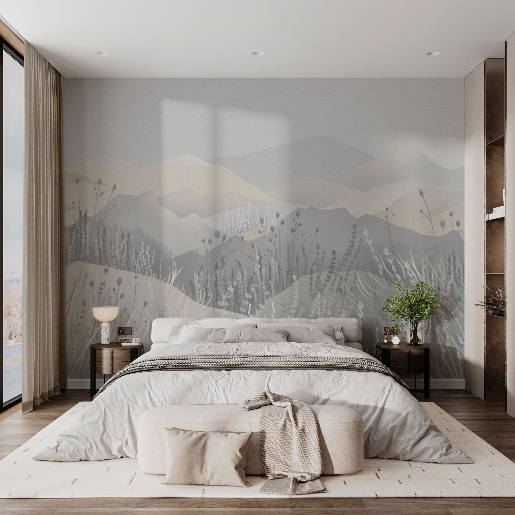 Painting of a landscape with mountains and grass Painting of a landscape with mountains and grass