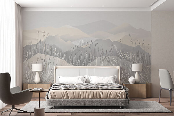 Pintura de uma paisagem com montanhas e relva Pintura de uma paisagem com montanhas e relva