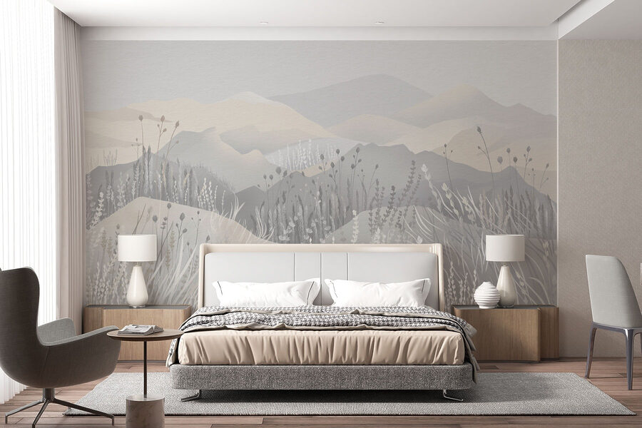 Pintura de uma paisagem com montanhas e relva