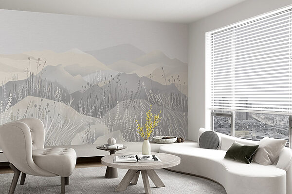 Pintura de uma paisagem com montanhas e relva Pintura de uma paisagem com montanhas e relva