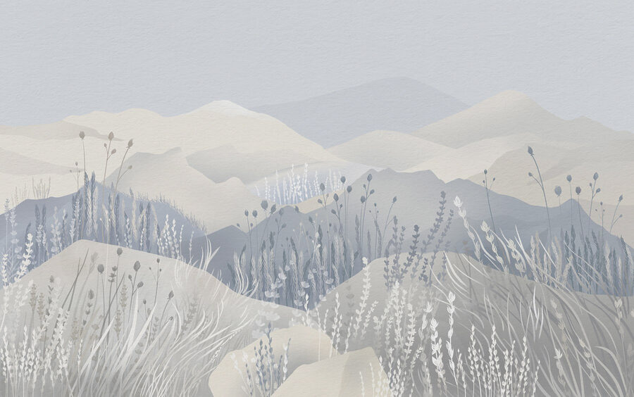 Pintura de uma paisagem com montanhas e relva