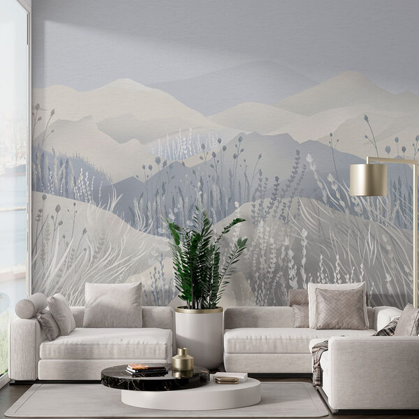 Pintura de uma paisagem com montanhas e relva Pintura de uma paisagem com montanhas e relva