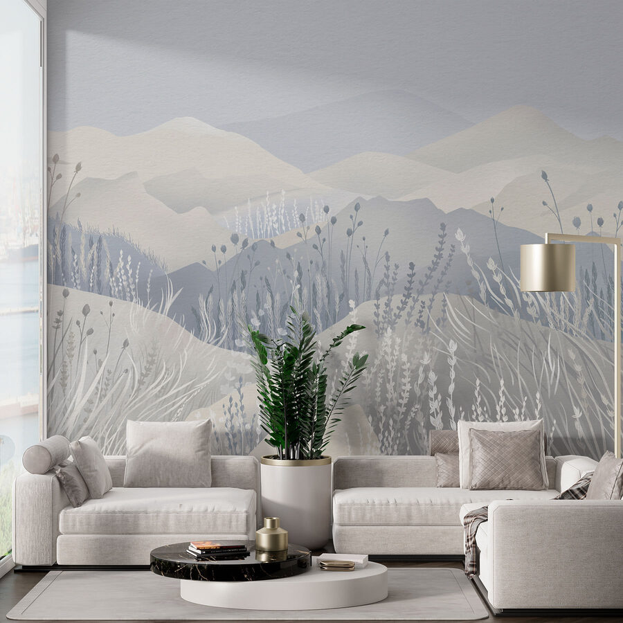 Pintura de uma paisagem com montanhas e relva