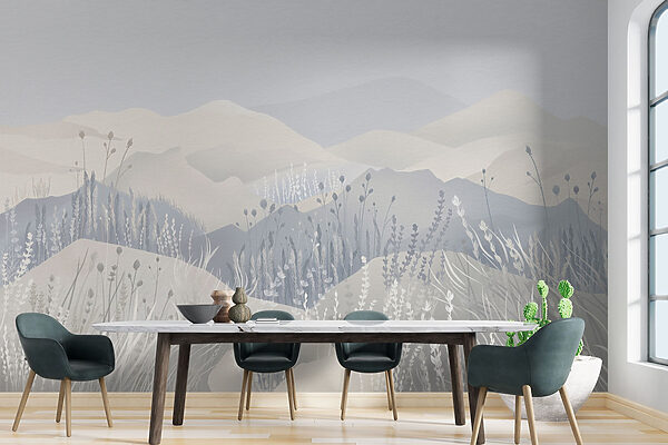 Pintura de uma paisagem com montanhas e relva Pintura de uma paisagem com montanhas e relva