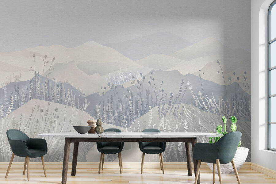 Pintura de uma paisagem com montanhas e relva
