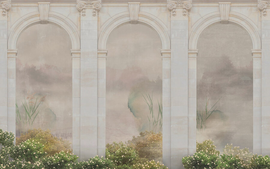 Papel de parede com um arco de pedra e plantas