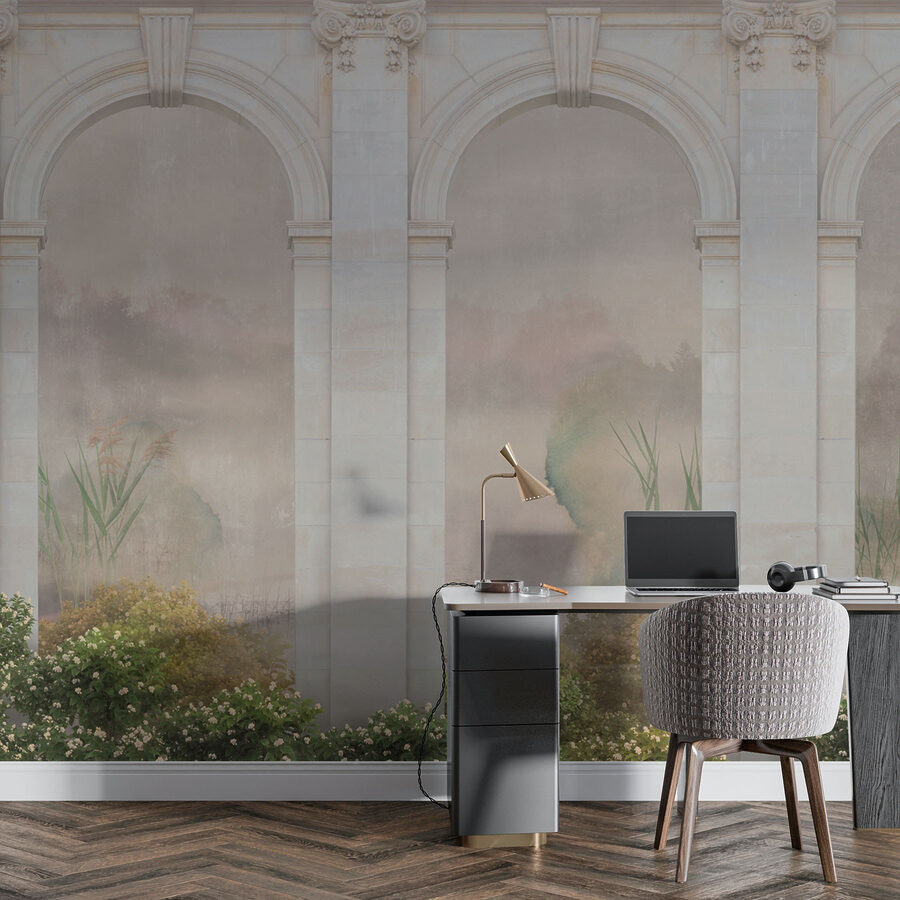 Papel de parede com um arco de pedra e plantas