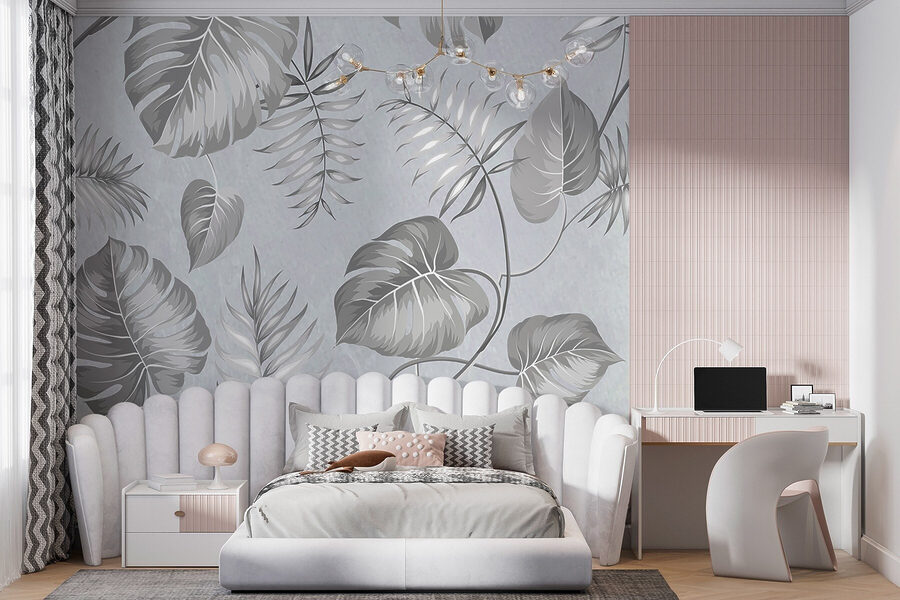 Padrão floral cinzento e branco