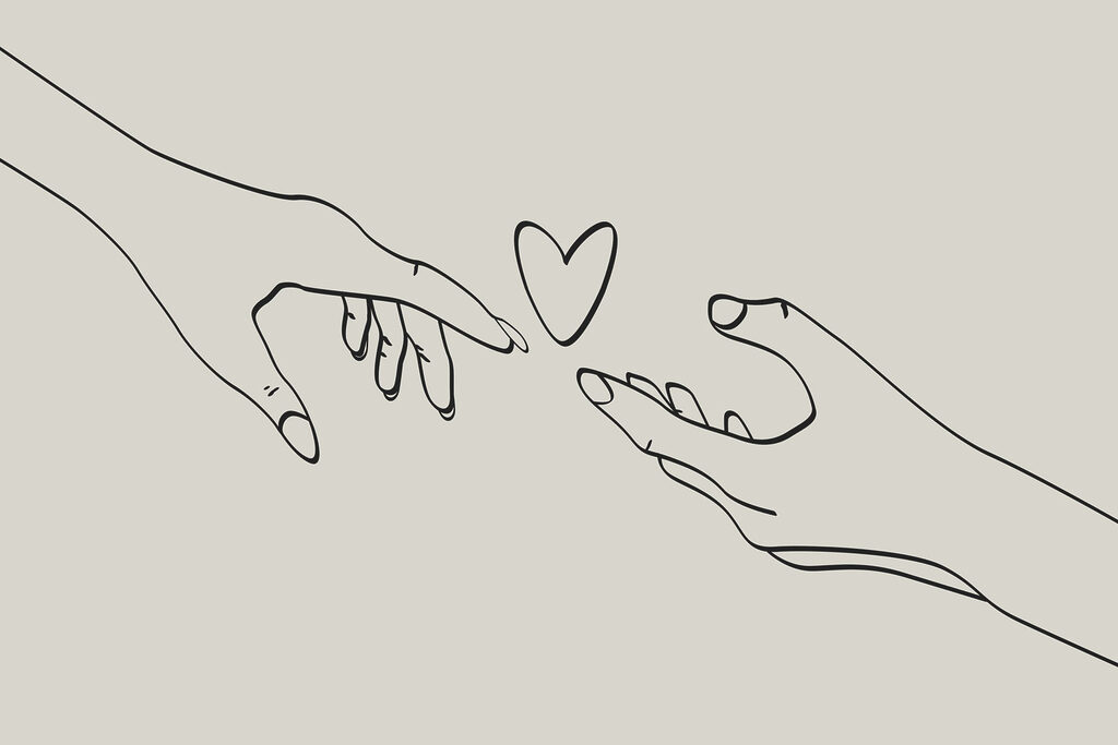 Desenho de duas mãos a tocar num coração Desenho de duas mãos a tocar num coração