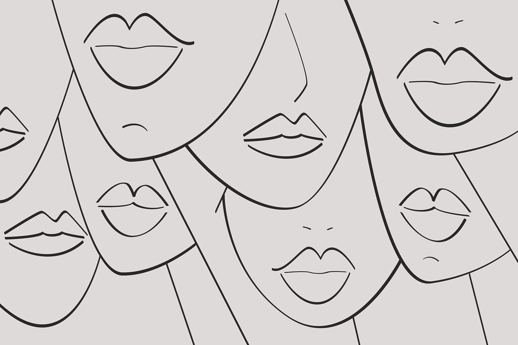 Group of faces with lips and lips drawn in black and white Group of faces with lips and lips drawn in black and white