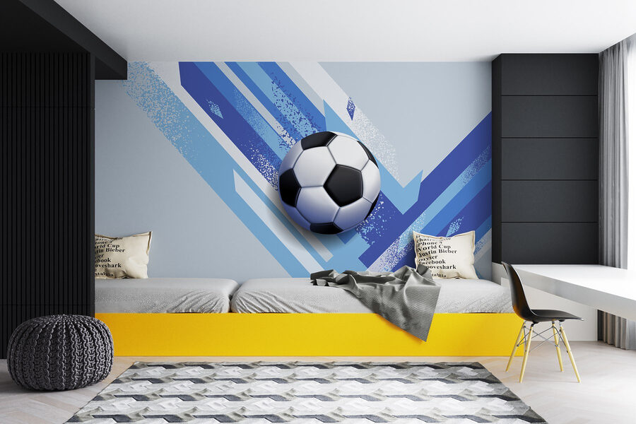 Bola de futebol sobre um fundo azul e branco