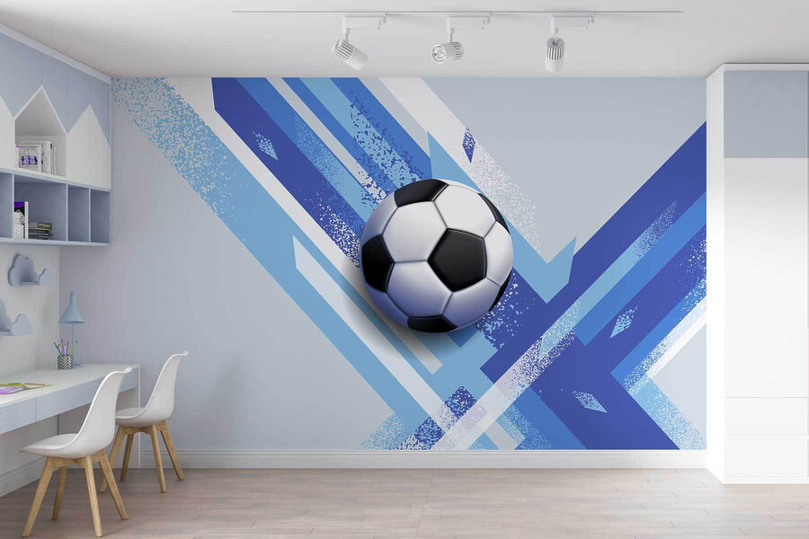 Bola de futebol sobre um fundo azul e branco