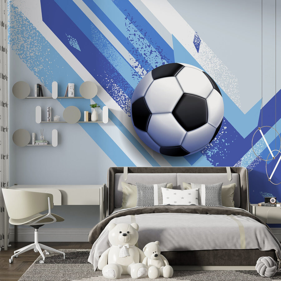 Bola de futebol sobre um fundo azul e branco