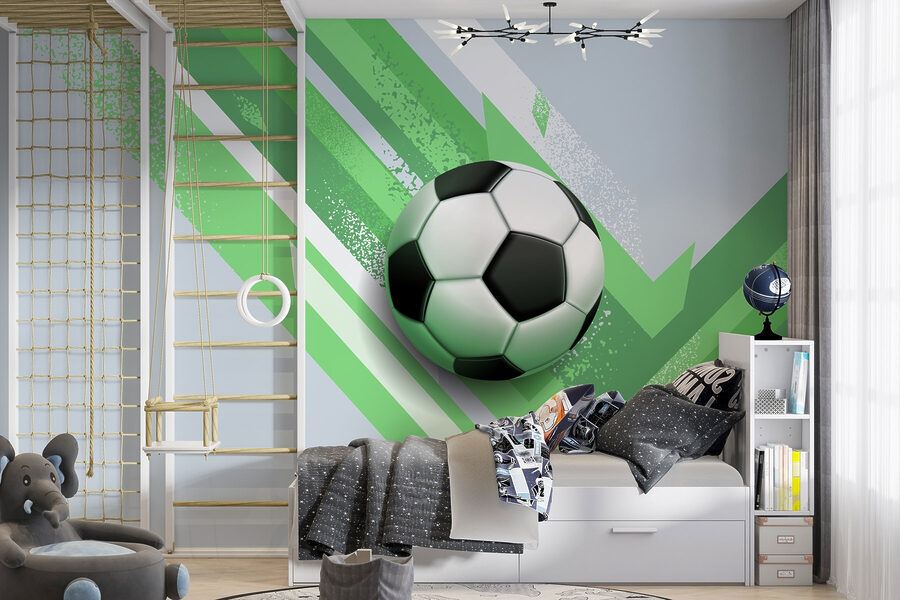 Bola de futebol sobre um fundo verde e branco