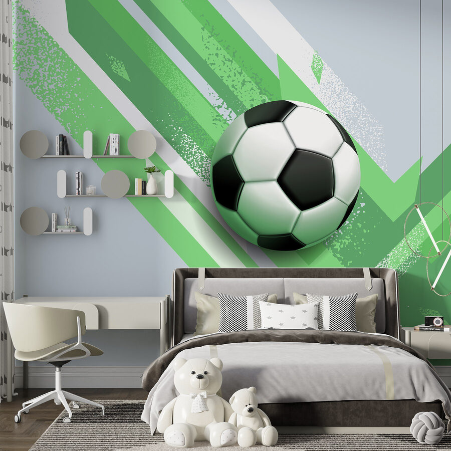 Bola de futebol sobre um fundo verde e branco
